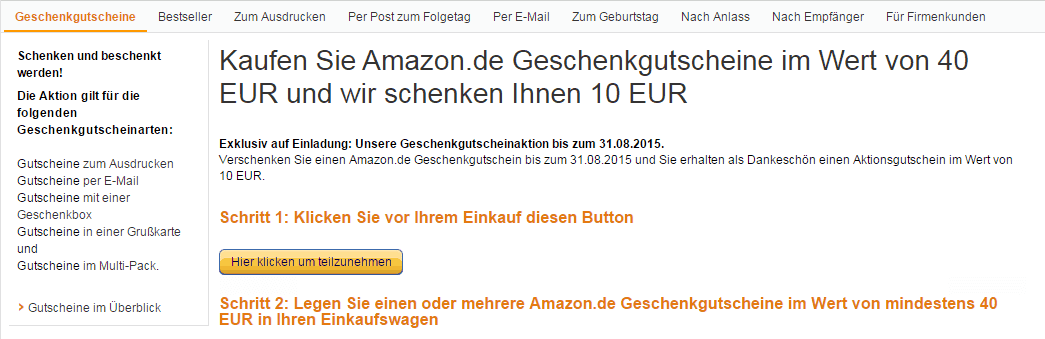 10 Euro Extra beim Kauf von 40 Euro Amazon Gutschein